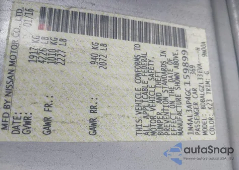 2016 Nissan Altima 2.5 S z USA, uszkodzony, nr VIN 1N4AL3AP4GC159899